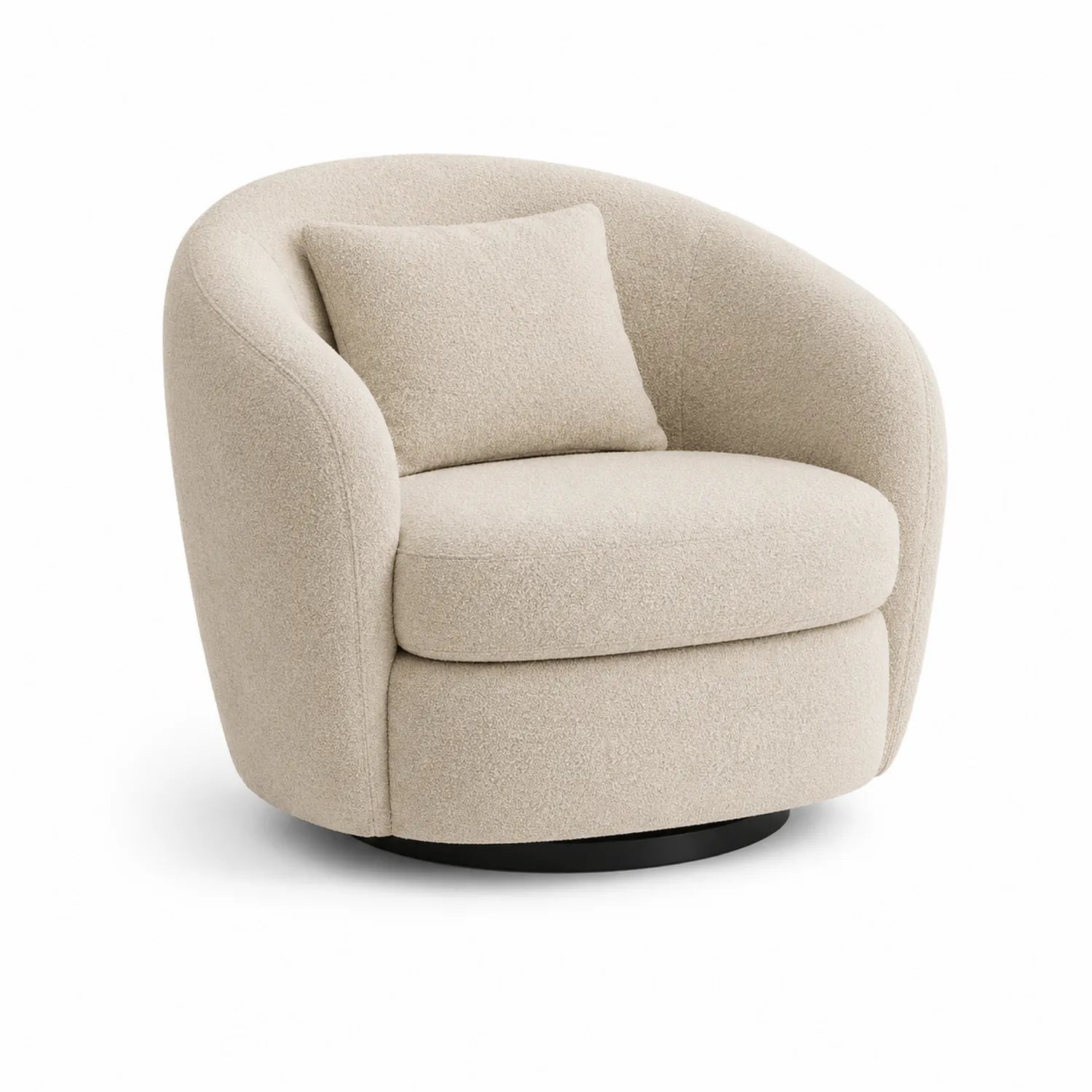 Poltrona girevole in tessuto boucle beige con schienale arrotondato
