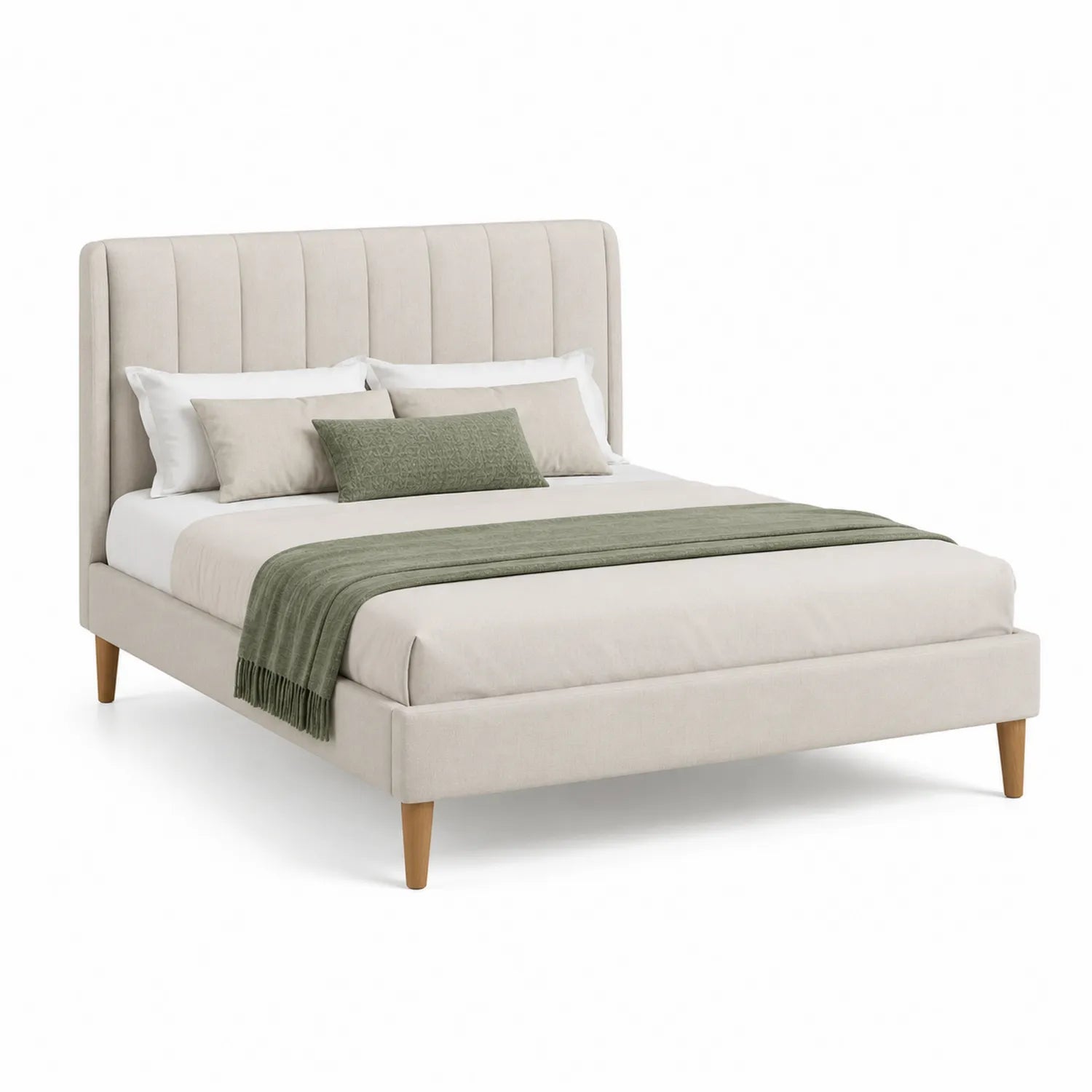 Letto matrimoniale in tessuto beige con testiera imbottita e gambe in legno