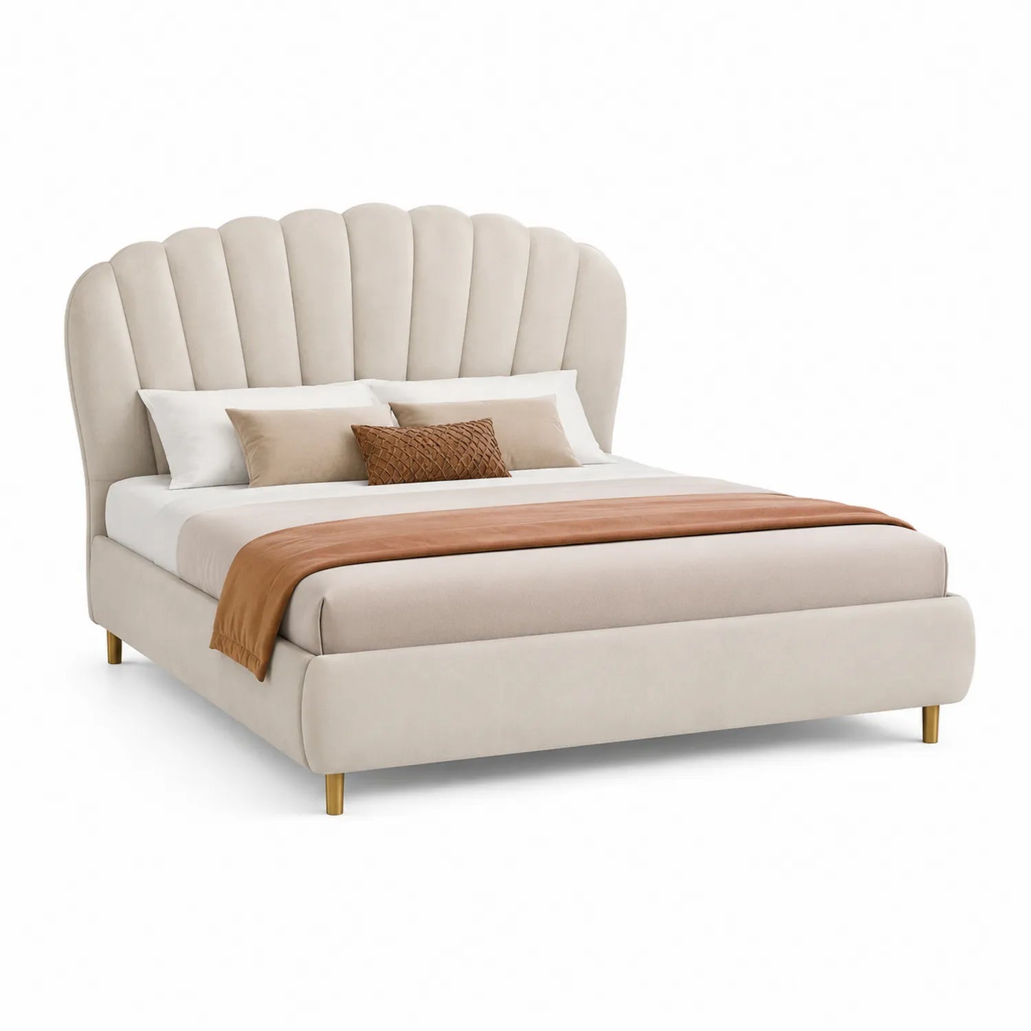 Letto matrimoniale imbottito in velluto Beige con testiera ondulata