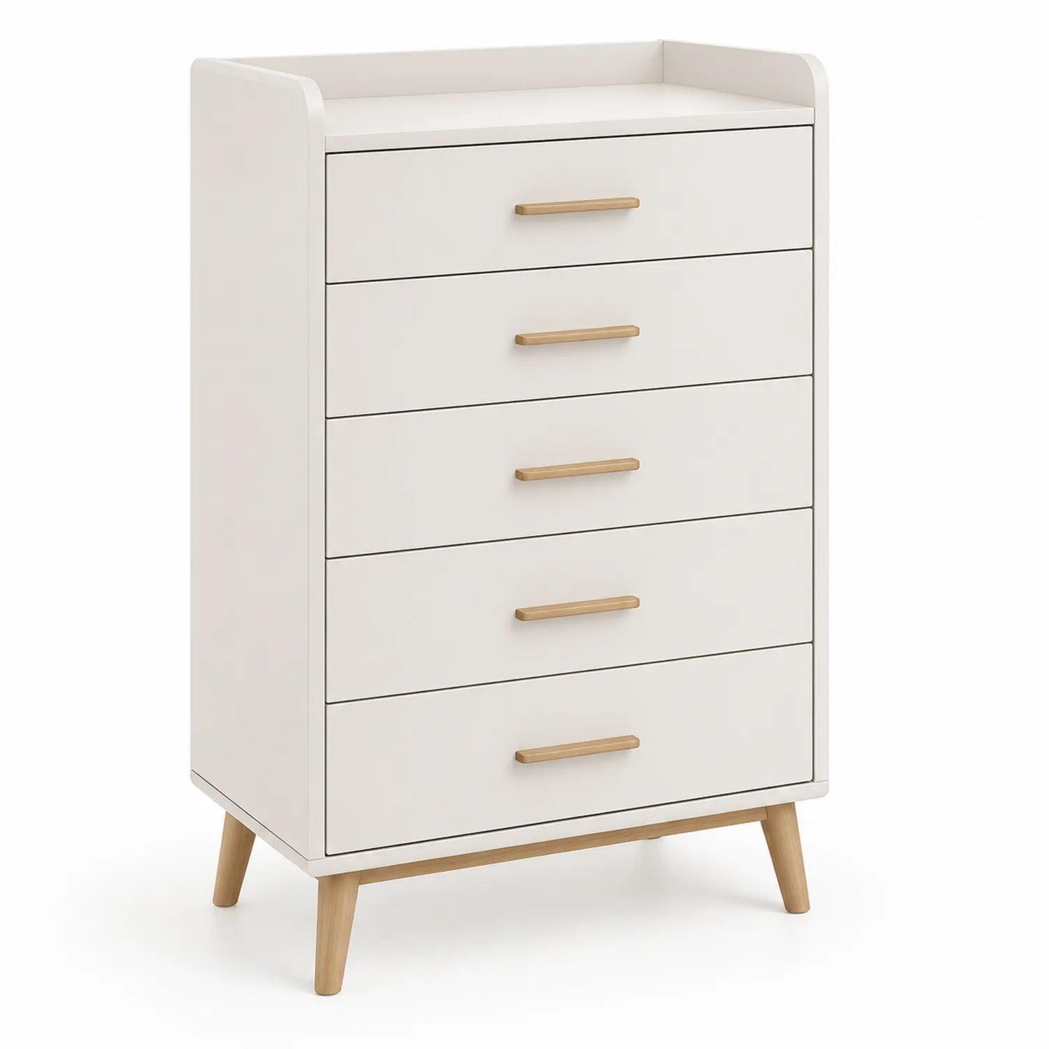 Cassettiera in MDF con 5 Cassetti e Maniglie in Legno, 80x40x110 cm, Bianco