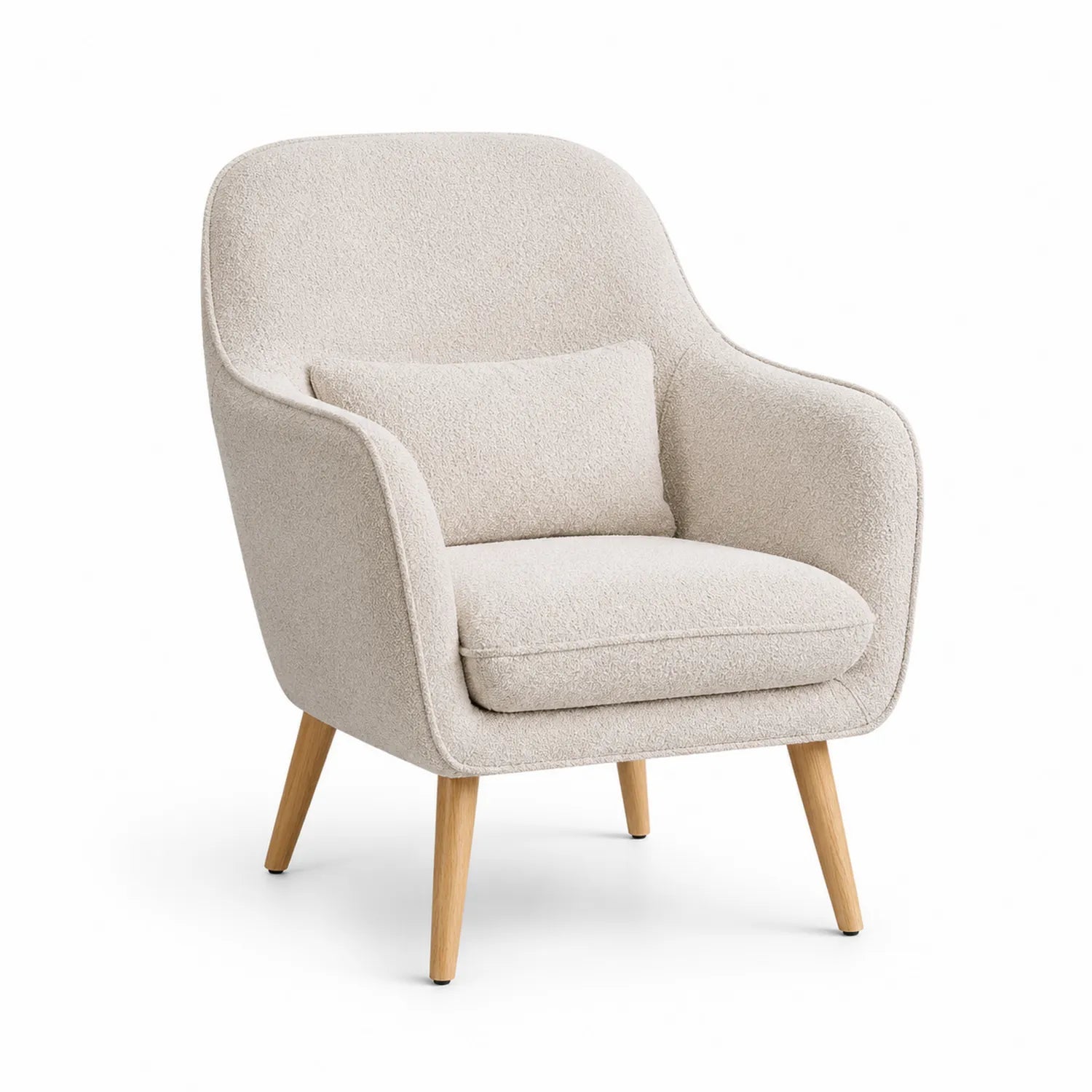Poltrona in tessuto bouclé crema con gambe in legno massello