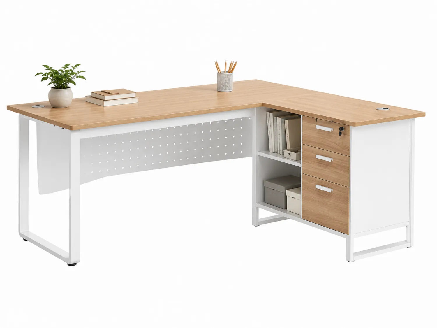 Scrivania angolare in legno e metallo con cassetti e scaffali, 150x120x75 cm, Rovere chiaro/Bianco