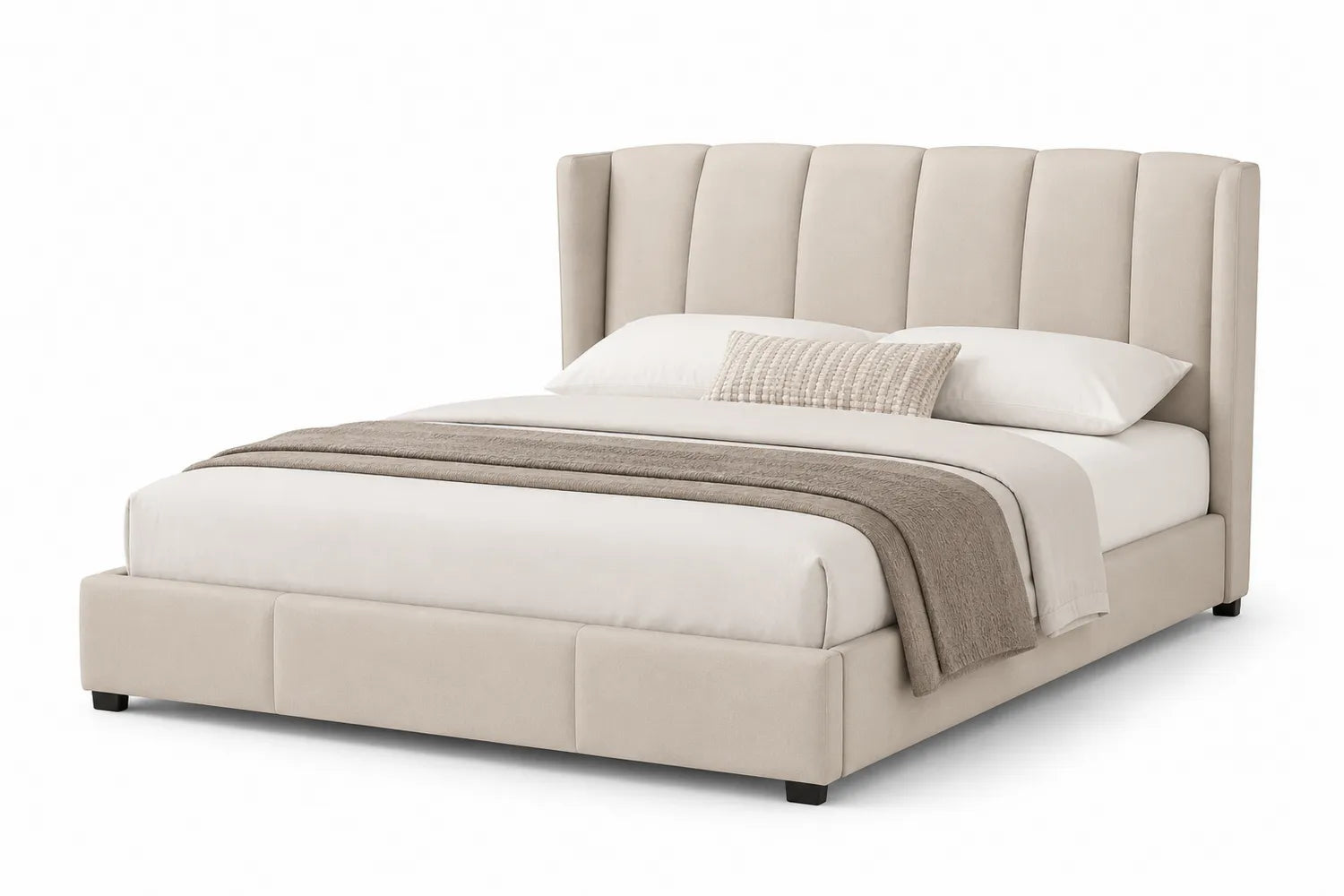 Letto matrimoniale in velluto beige con testiera imbottita 200x160 cm