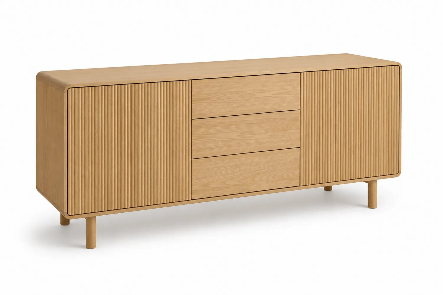 Credenza in legno massello di quercia con ante a doghe e cassetti