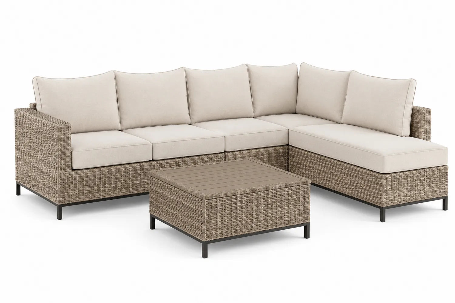 Divano Angolare in Rattan Sintetico Beige con Tavolino