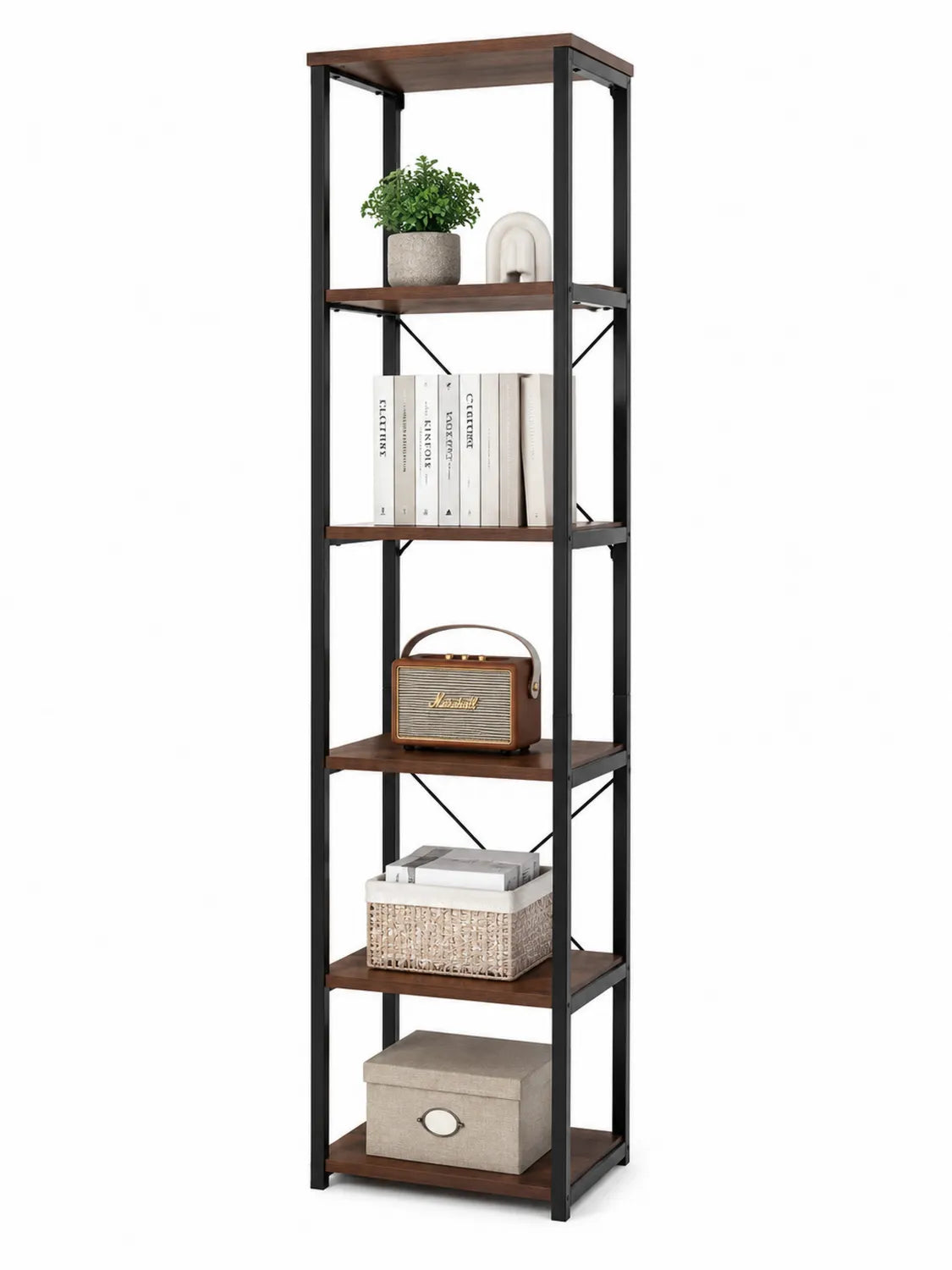 Scaffale in Legno e Metallo Nero con 5 Ripiani
