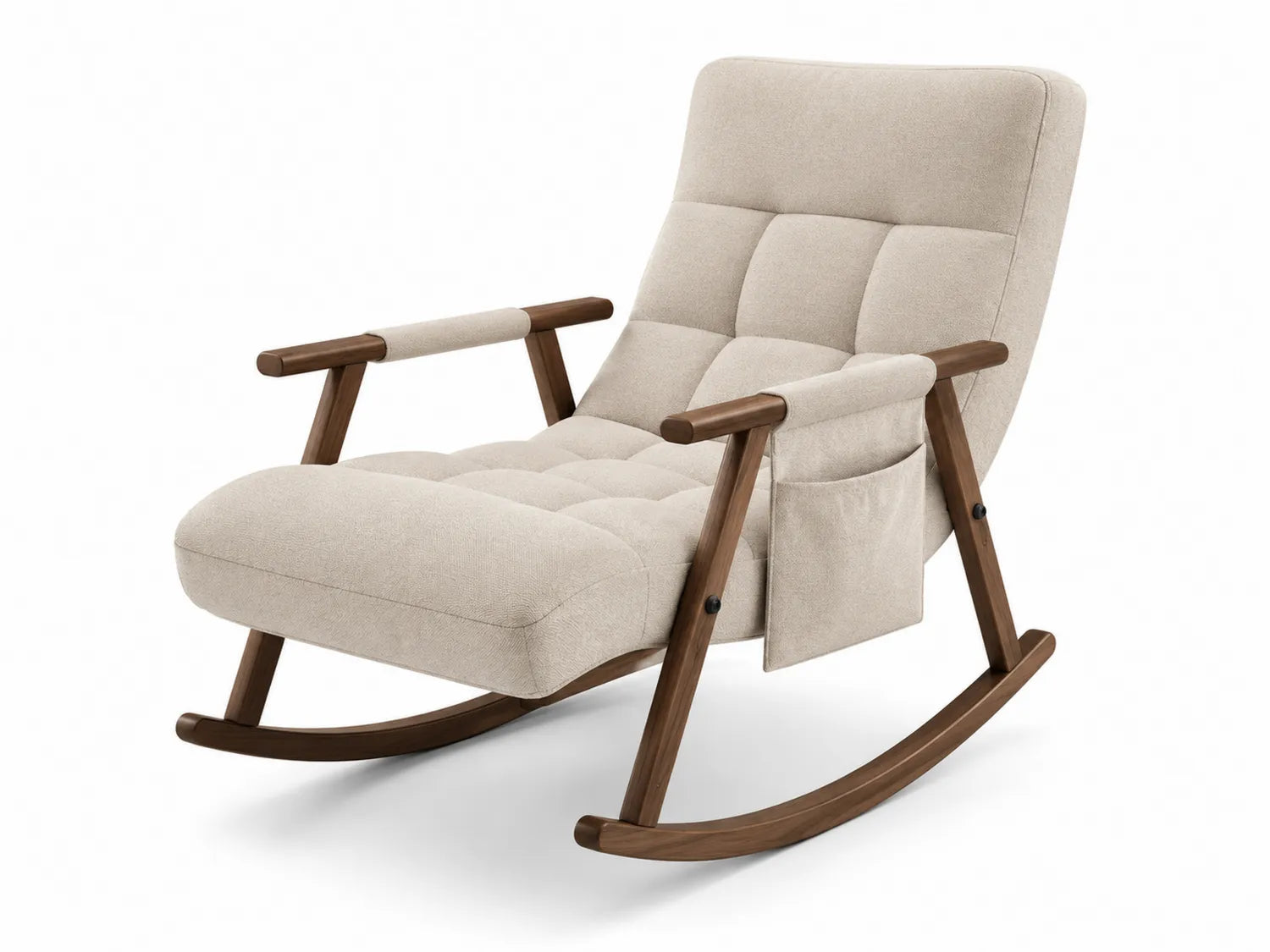 Sedia a dondolo in legno con imbottitura in tessuto beige