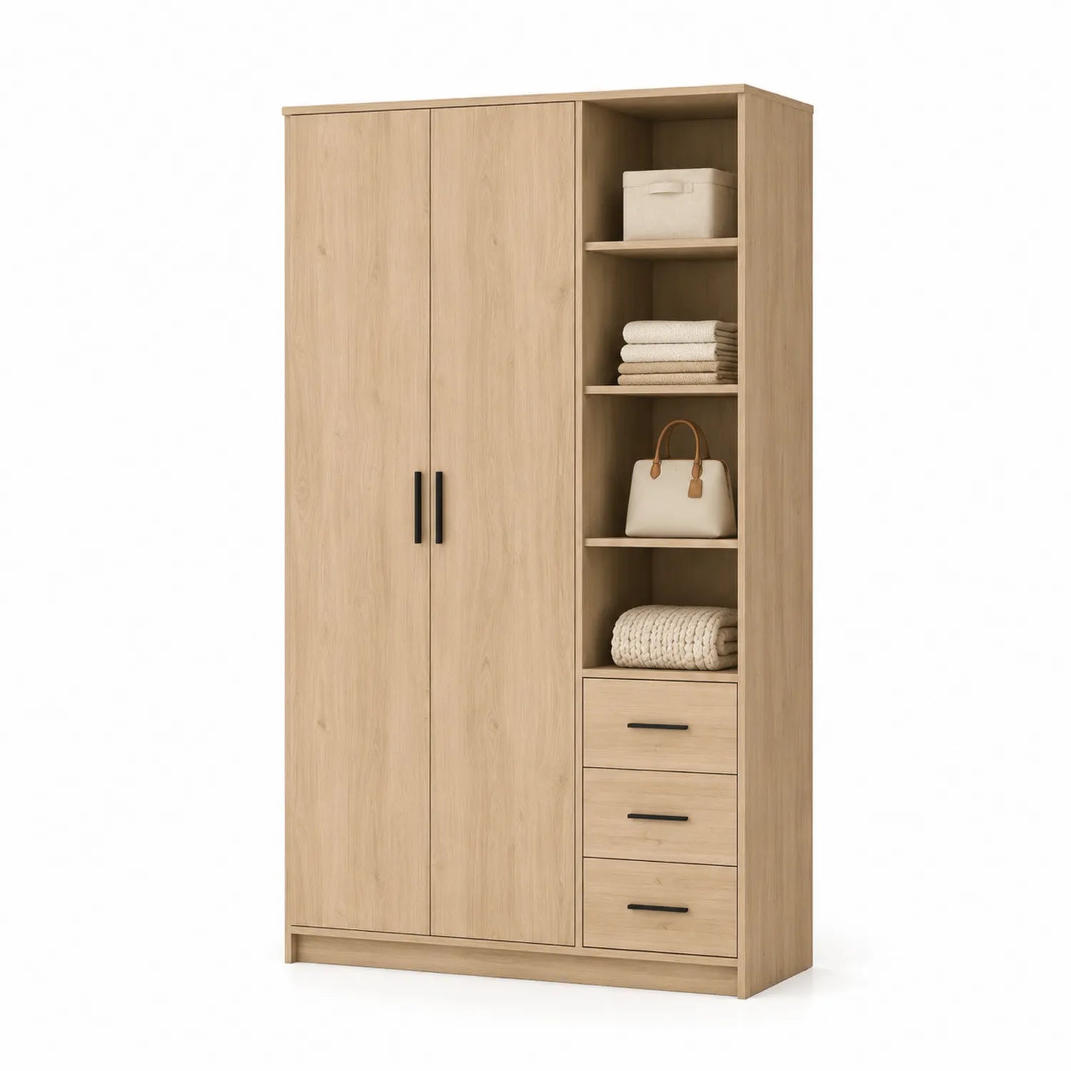 Armadio guardaroba in legno truciolare con ripiani e cassetti beige