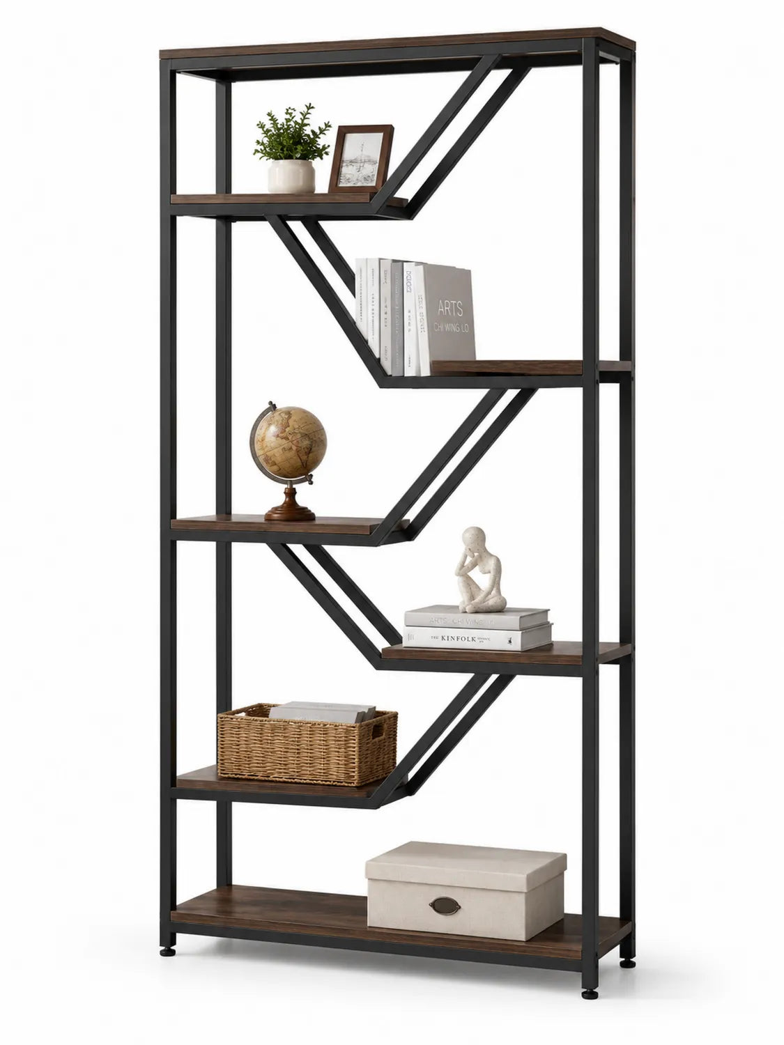 Scaffale Geometrico Metallo e Legno 180x90x30 cm Nero e Marrone