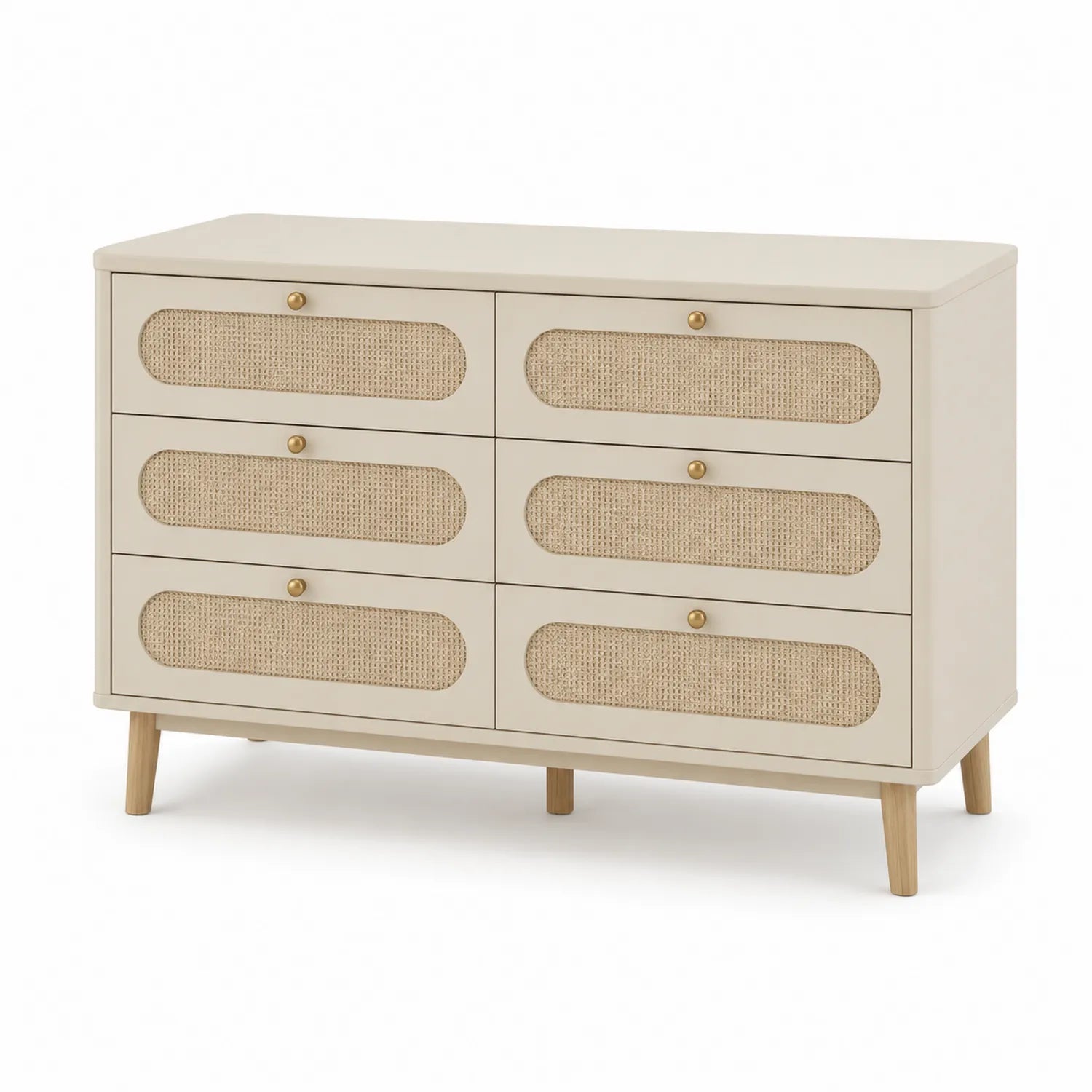 Cassettiera in Legno e Rattan Beige con 6 Cassetti