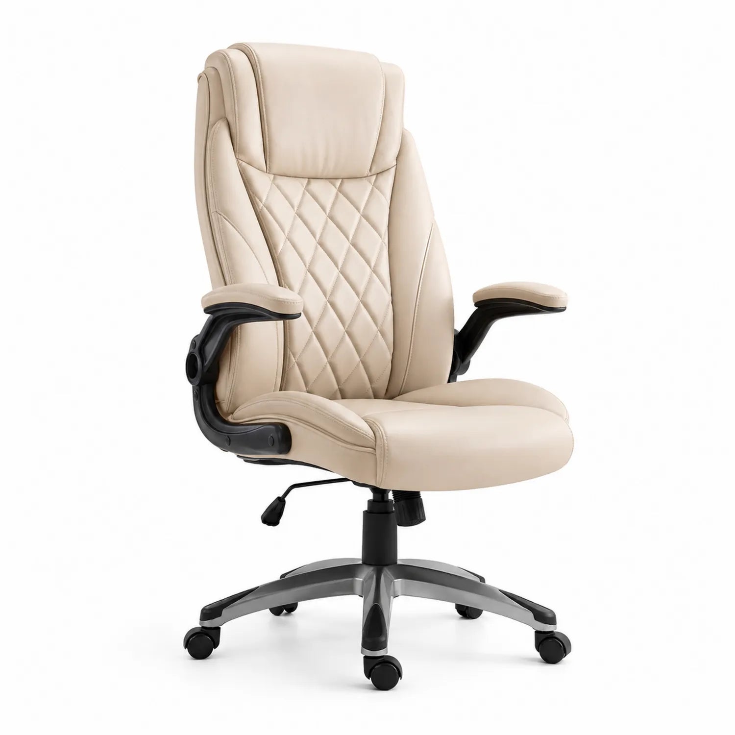 Sedia da ufficio in ecopelle beige con braccioli pieghevoli