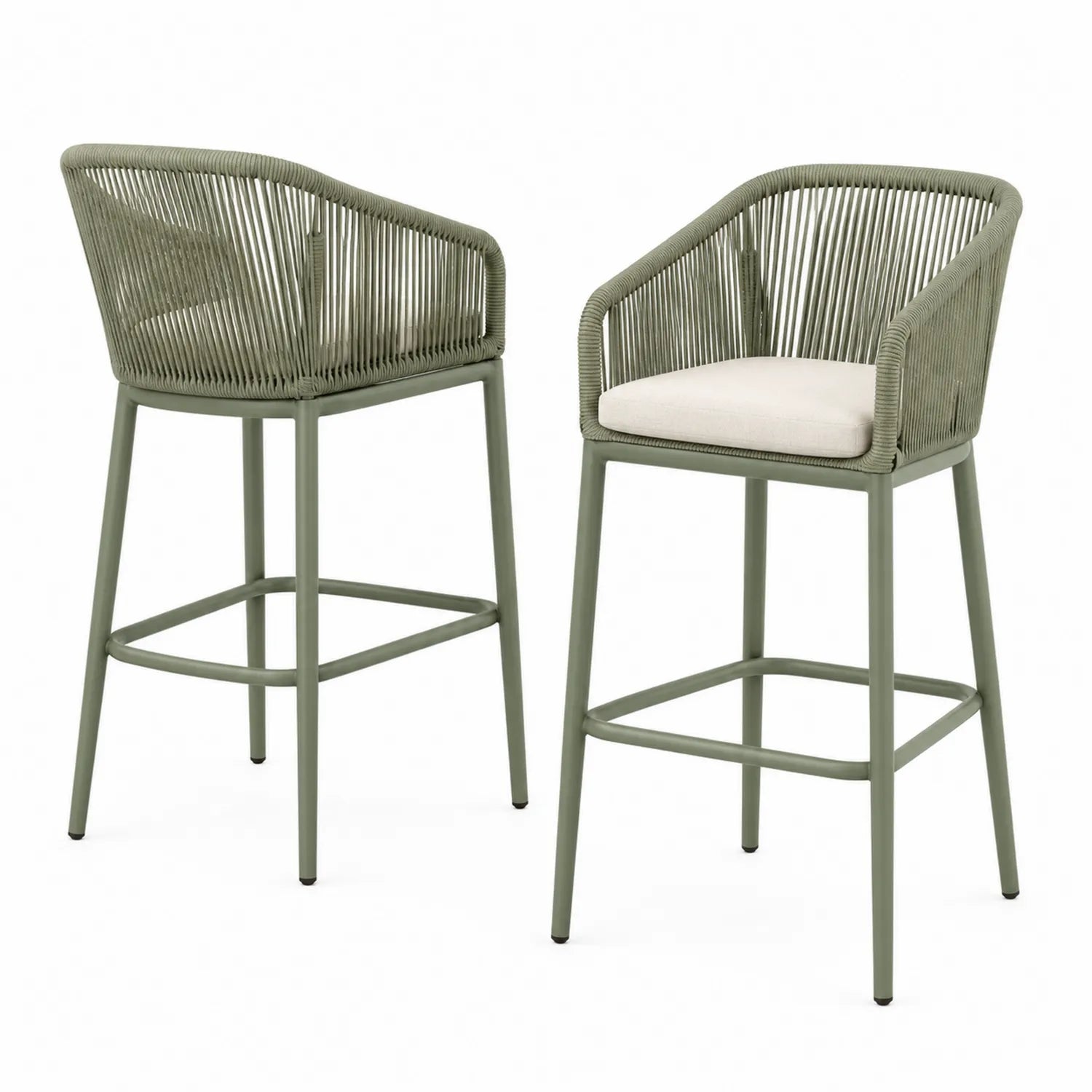 Set di 2 Sgabelli da Esterno in Metallo con Schienale in Corda Verde e Cuscino Beige