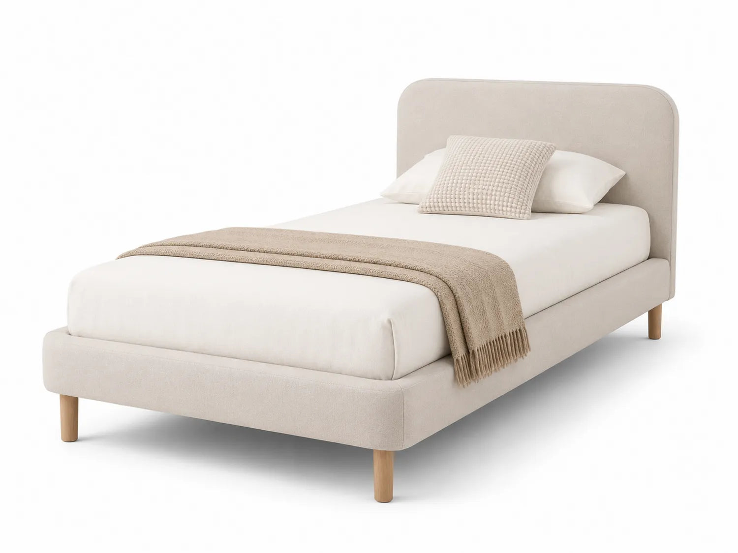 Letto Singolo in Tessuto Beige con Gambe in Legno