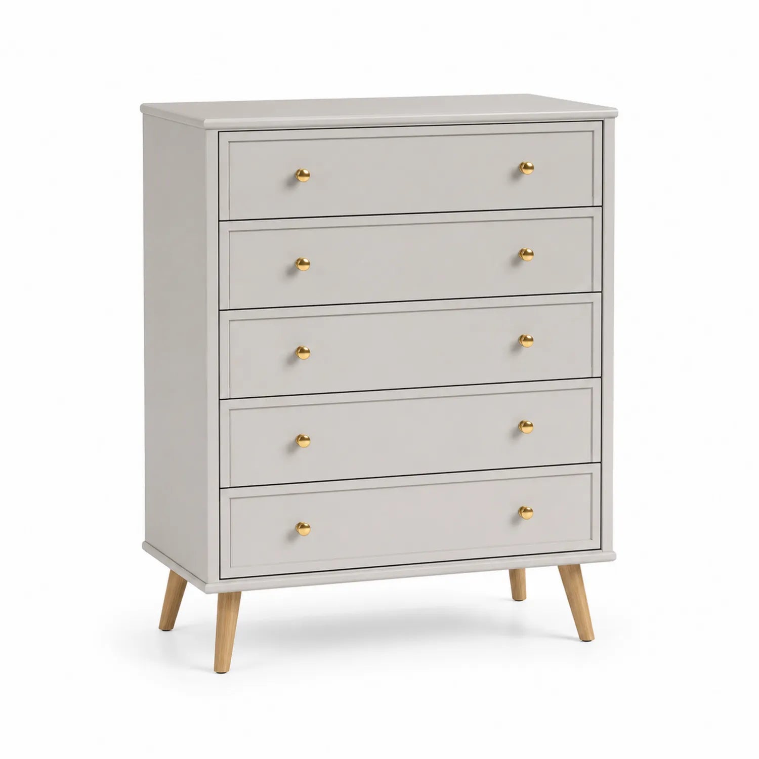 Cassettiera in MDF con maniglie in Metallo Dorato e gambe in Legno Massiccio 5 cassetti Grigia 80x40x100 cm