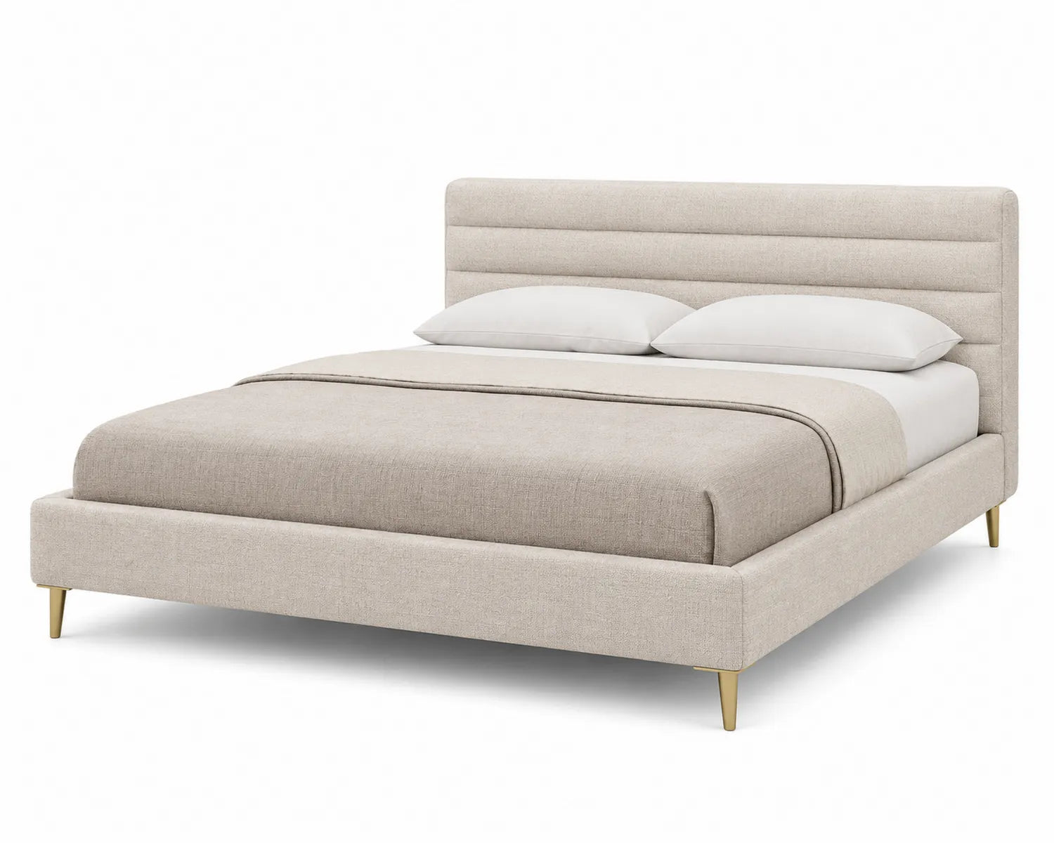 Letto matrimoniale in tessuto beige con gambe in metallo dorato