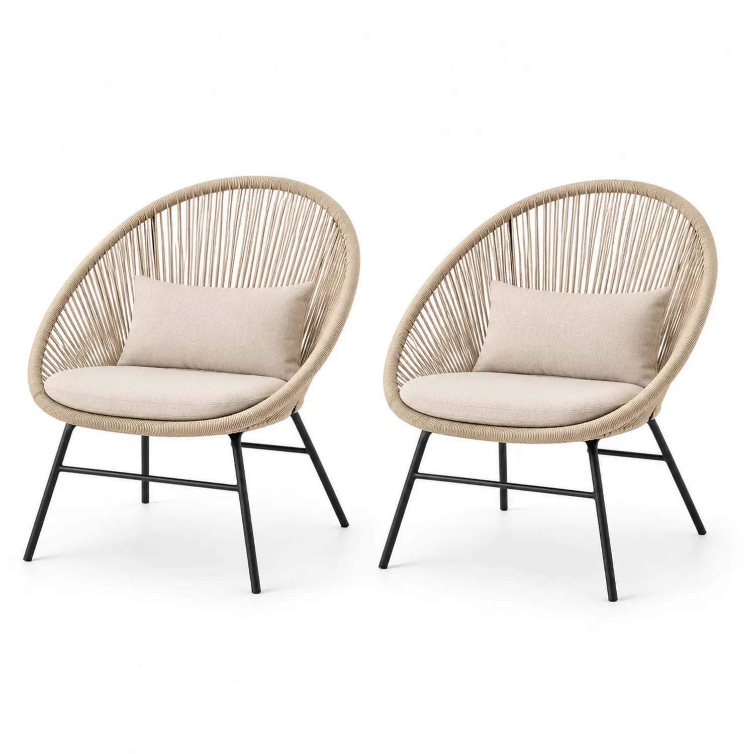 Set di sedie in corda e acciaio nero con schienale rotondo beige