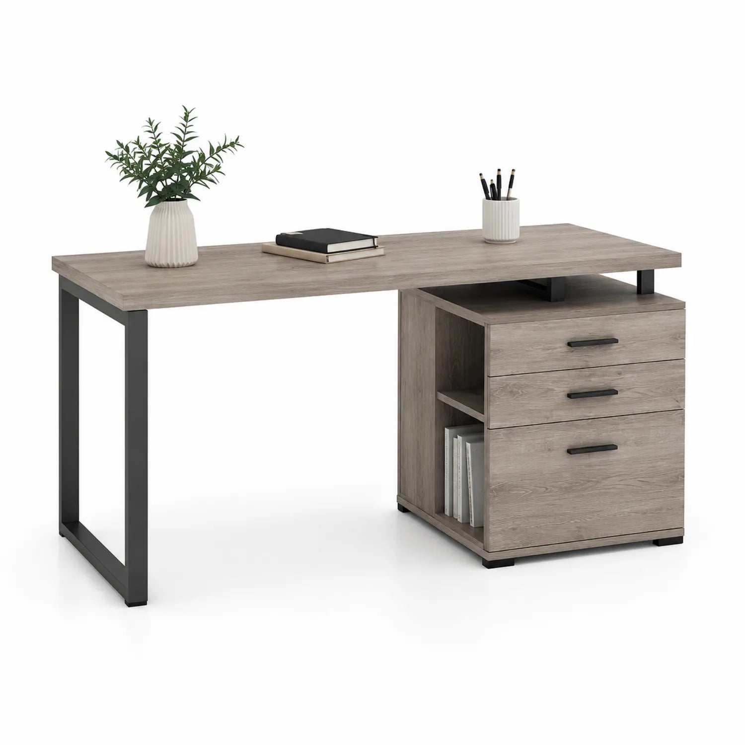 Scrivania Rettangolare in Legno e Metallo con Cassetti e Scaffale Grigio