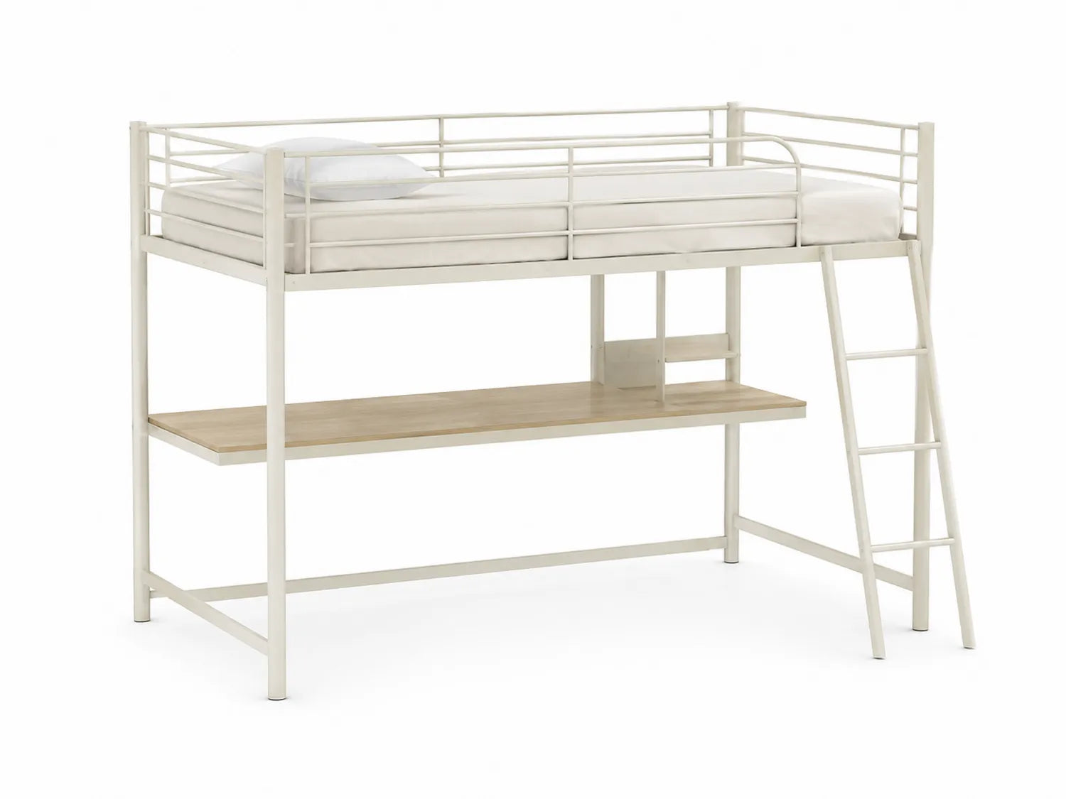 Letto a soppalco in metallo e legno con scrivania bianca